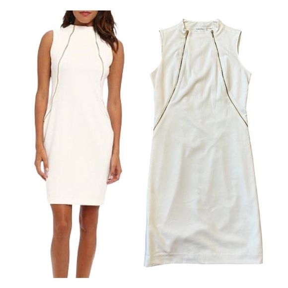 Calvin Klein Cream Zipper Detail Sleeveless Sheath Dress Size 6 - Picture 1 of 16